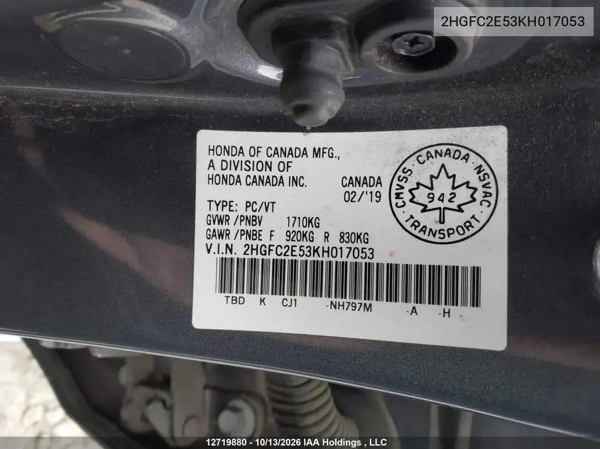 2019 HONDA CIVIC VIN 2HGFC2E53KH017053 — фото 9