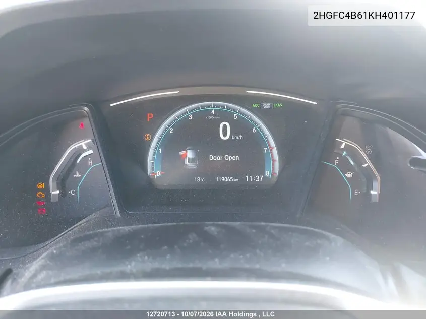 2019 HONDA CIVIC VIN 2HGFC4B61KH401177 — фото 7