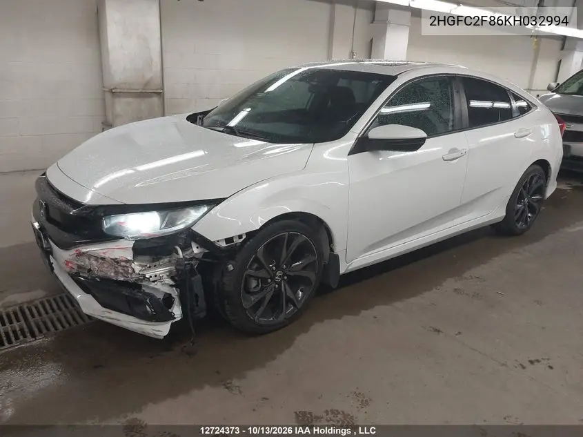 2019 HONDA CIVIC VIN 2HGFC2F86KH032994 — фото 2