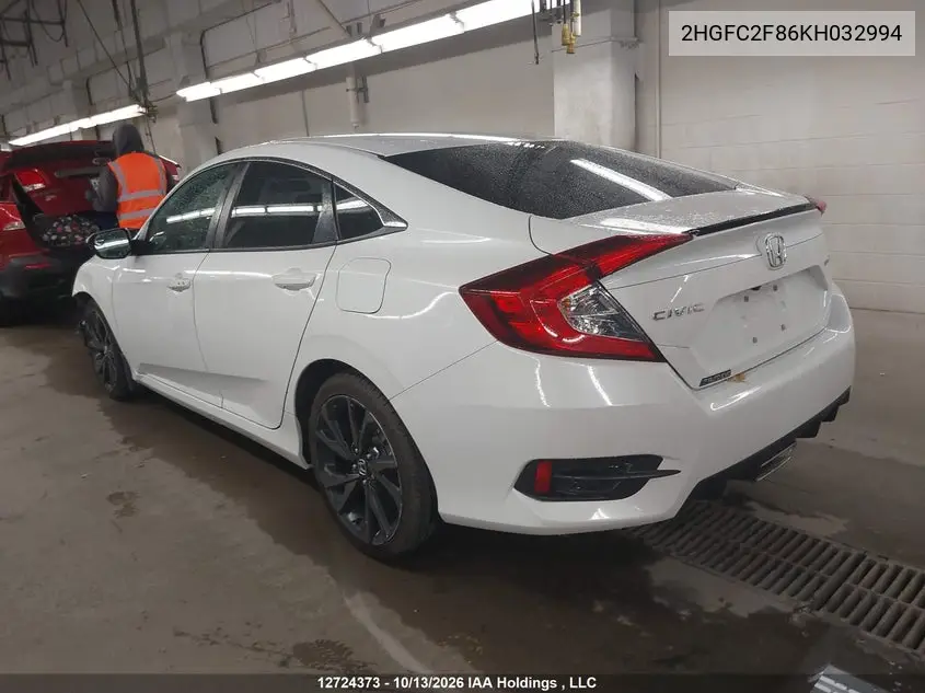 2019 HONDA CIVIC VIN 2HGFC2F86KH032994 — фото 3