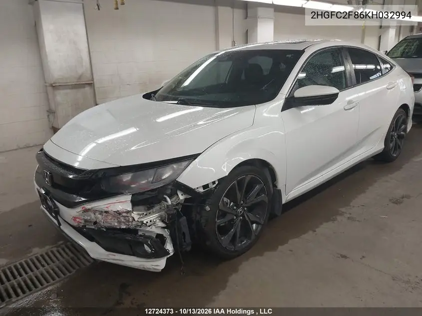 2019 HONDA CIVIC VIN 2HGFC2F86KH032994 — фото 6