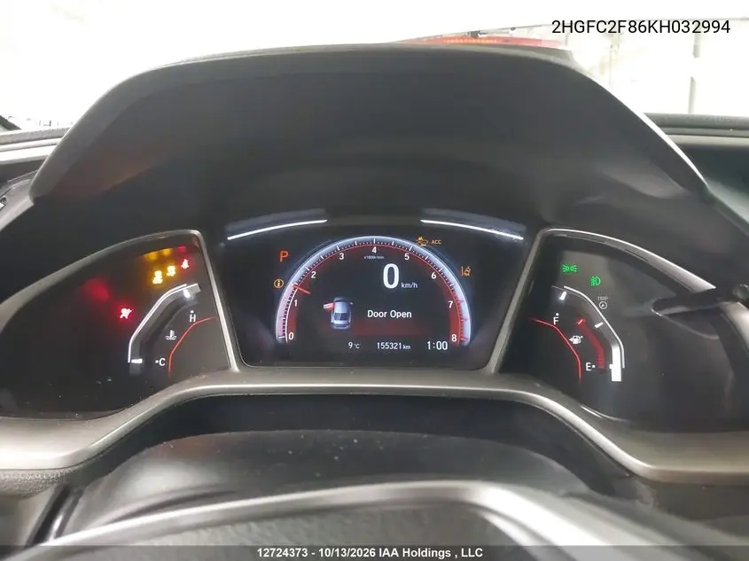 2019 HONDA CIVIC VIN 2HGFC2F86KH032994 — фото 7