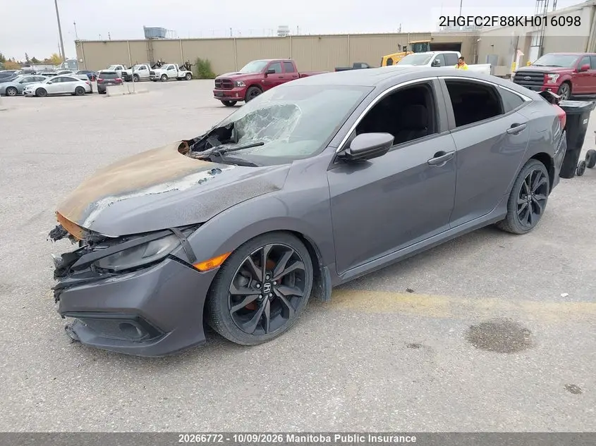 2019 HONDA CIVIC VIN 2HGFC2F88KH016098 — фото 2