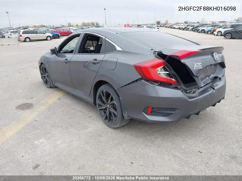 2019 HONDA CIVIC VIN 2HGFC2F88KH016098 — фото 3