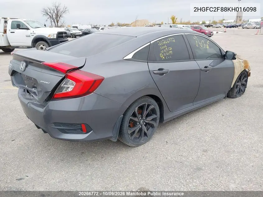 2019 HONDA CIVIC VIN 2HGFC2F88KH016098 — фото 4