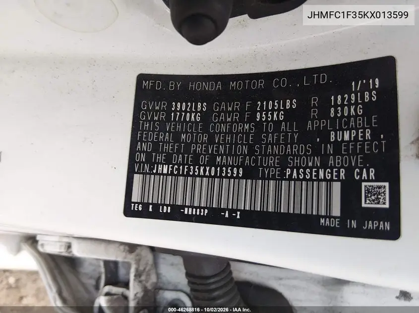 2019 HONDA CIVIC VIN JHMFC1F35KX013599 — фото 9