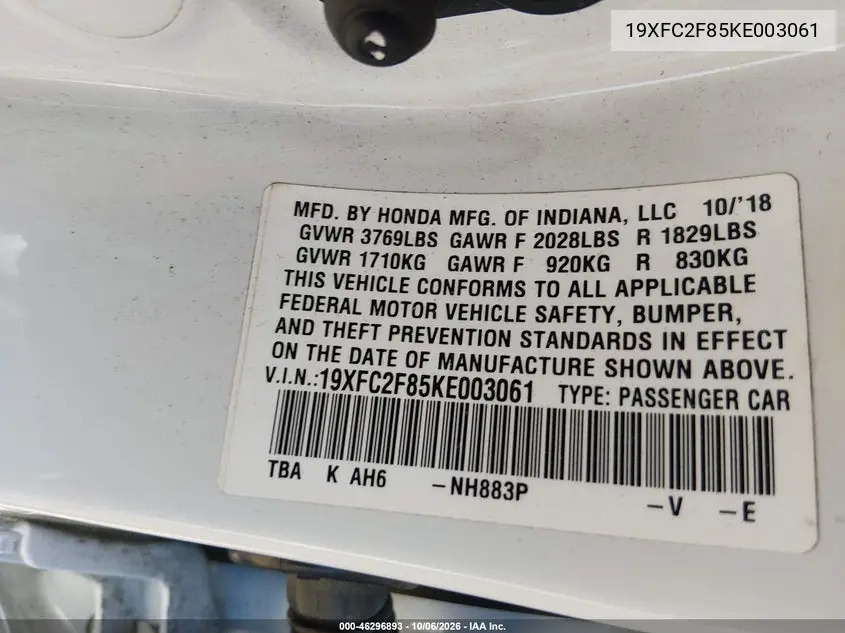 2019 HONDA CIVIC VIN 19XFC2F85KE003061 — фото 10