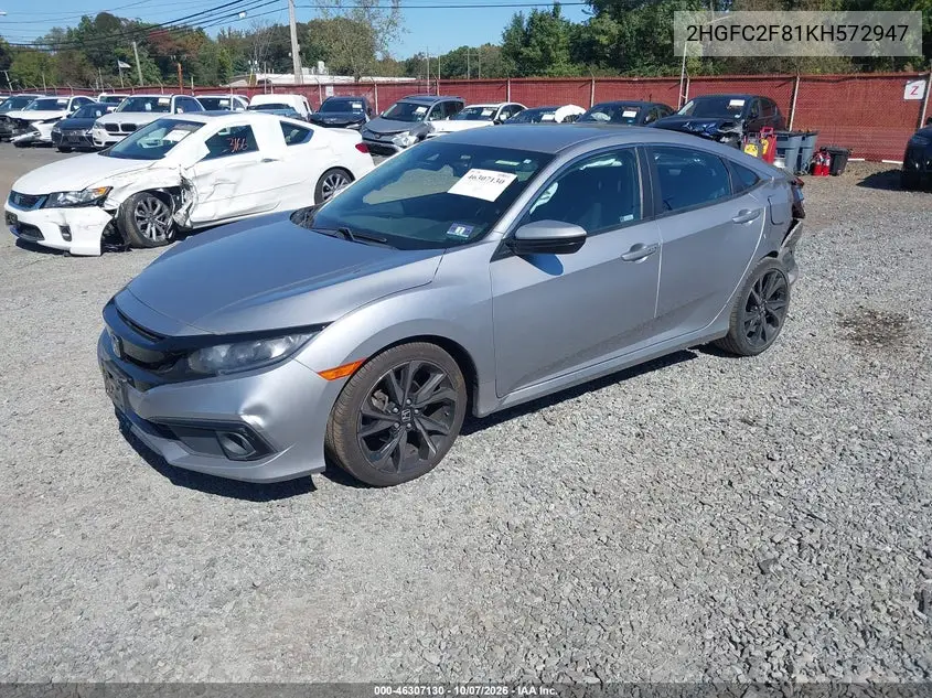 2019 HONDA CIVIC VIN 2HGFC2F81KH572947 — фото 2