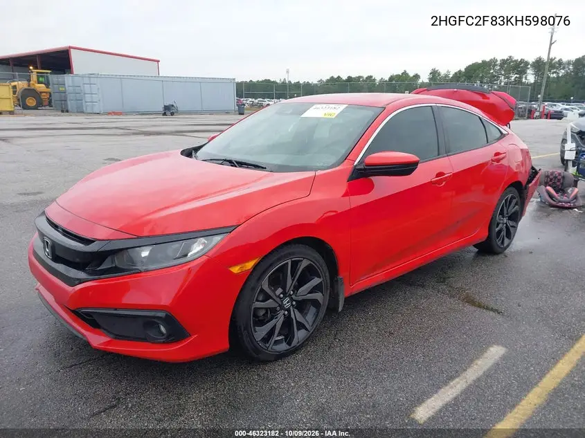 2019 HONDA CIVIC VIN 2HGFC2F83KH598076 — фото 2