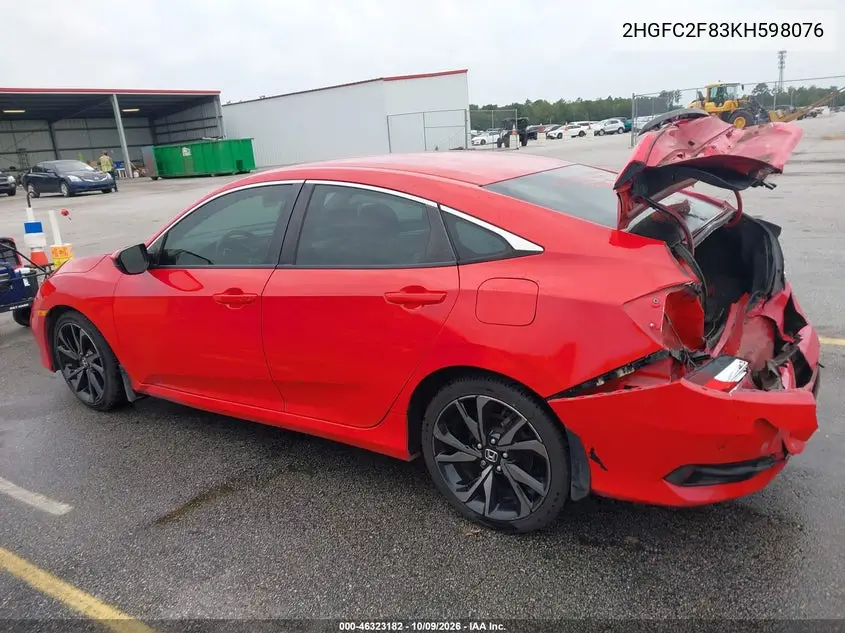 2019 HONDA CIVIC VIN 2HGFC2F83KH598076 — фото 3