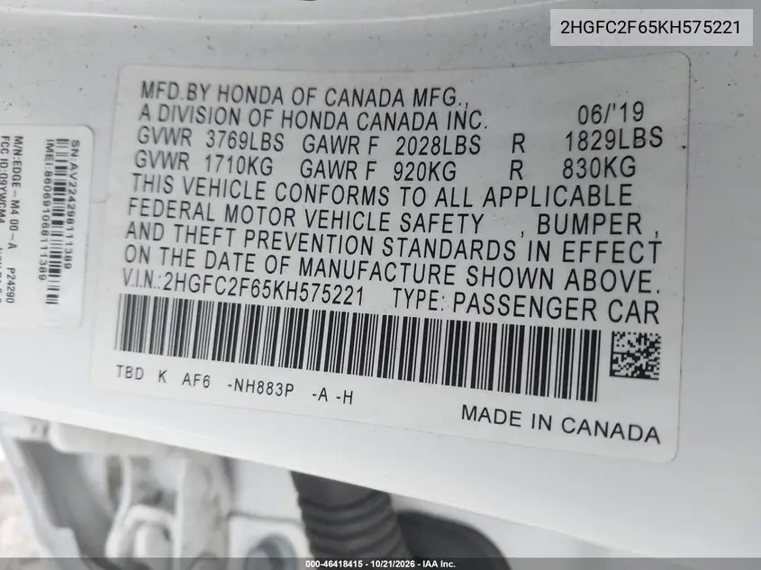 2019 HONDA CIVIC VIN 2HGFC2F65KH575221 — фото 9