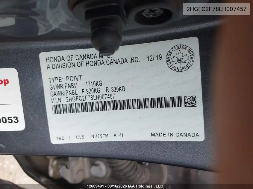 2020 HONDA CIVIC VIN 2HGFC2F78LH007457 — фото 20