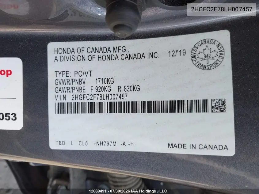 2020 HONDA CIVIC VIN 2HGFC2F78LH007457 — фото 9