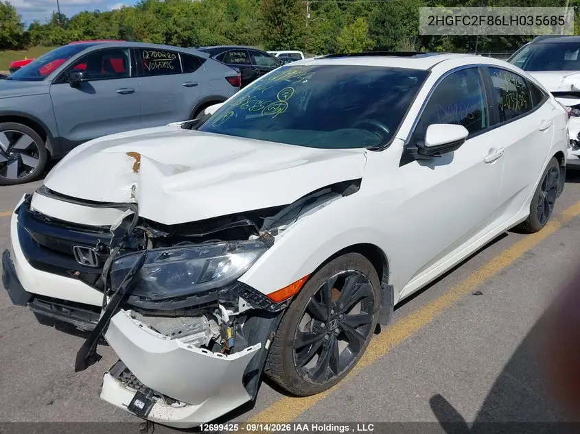 2020 HONDA CIVIC VIN 2HGFC2F86LH035685 — фото 2