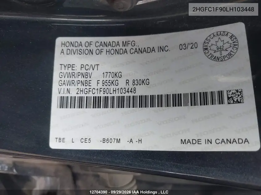 2020 HONDA CIVIC VIN 2HGFC1F90LH103448 — фото 9