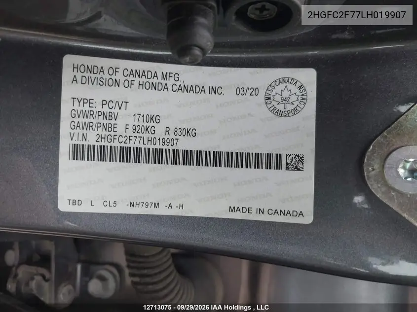 2020 HONDA CIVIC VIN 2HGFC2F77LH019907 — фото 9
