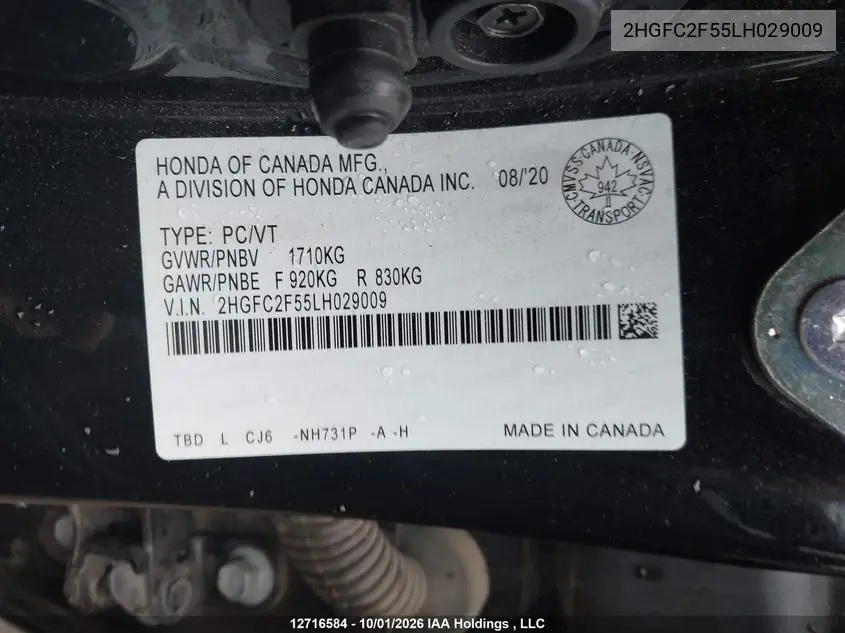 2020 HONDA CIVIC VIN 2HGFC2F55LH029009 — фото 9