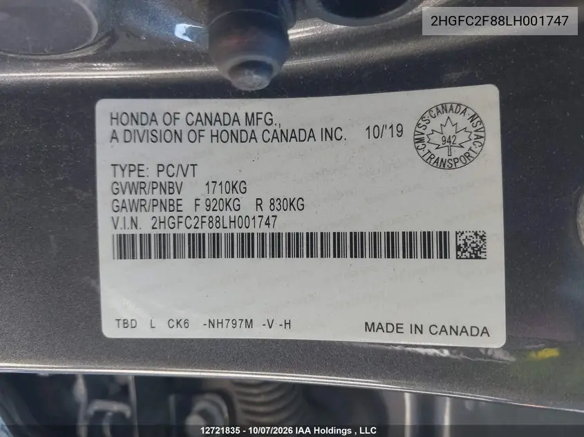 2020 HONDA CIVIC VIN 2HGFC2F88LH001747 — фото 9