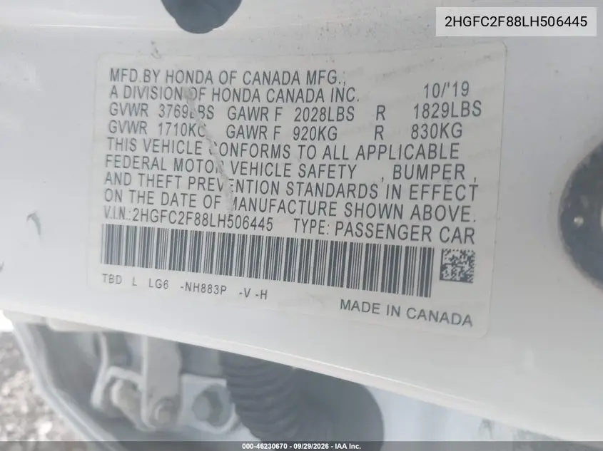 2020 HONDA CIVIC VIN 2HGFC2F88LH506445 — фото 9