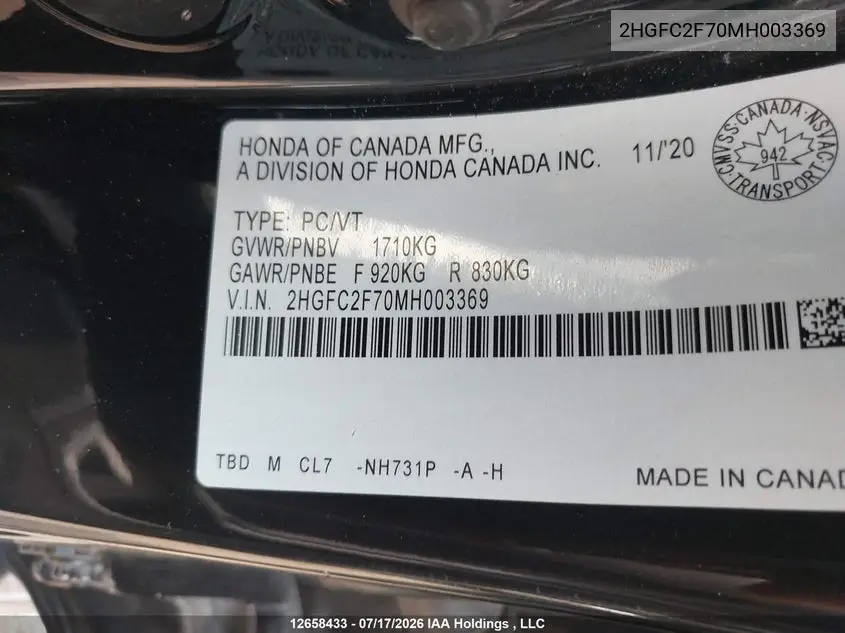 2021 HONDA CIVIC VIN 2HGFC2F70MH003369 — фото 9