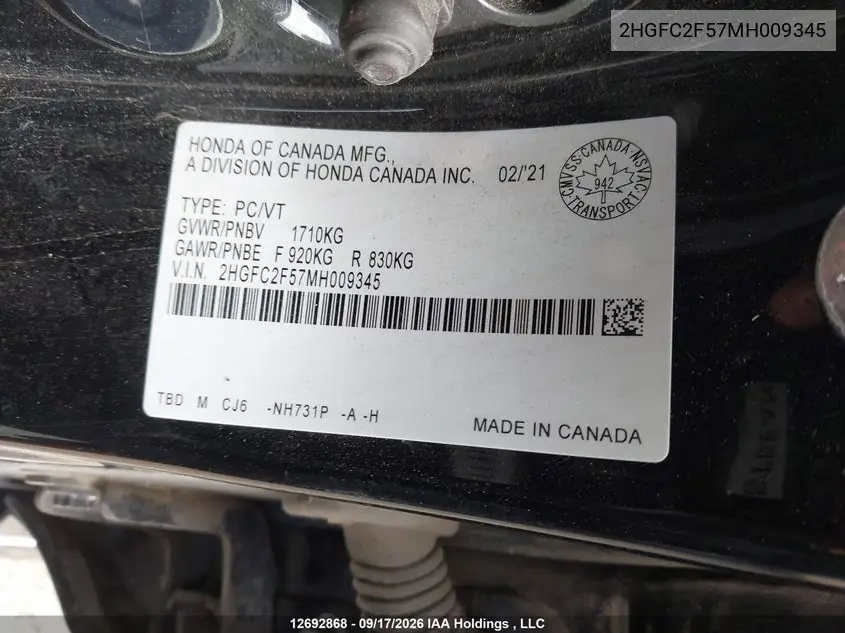 2021 HONDA CIVIC VIN 2HGFC2F57MH009345 — фото 19