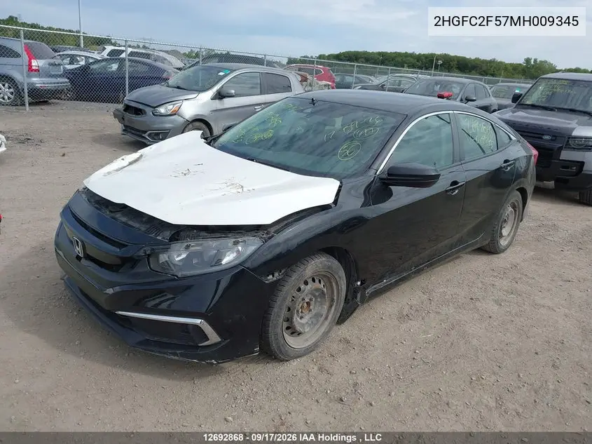 2021 HONDA CIVIC VIN 2HGFC2F57MH009345 — фото 2