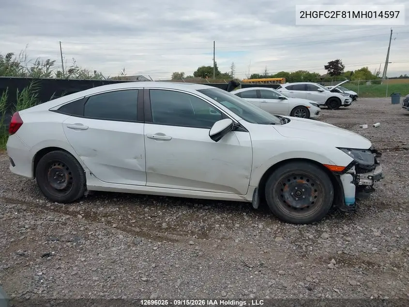 2021 HONDA CIVIC VIN 2HGFC2F81MH014597 — фото 13