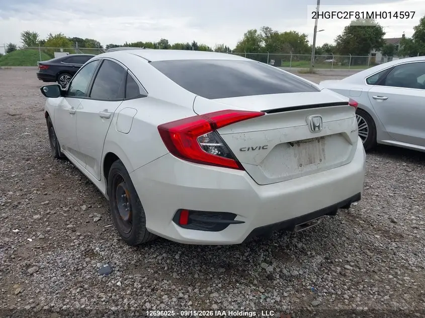 2021 HONDA CIVIC VIN 2HGFC2F81MH014597 — фото 3