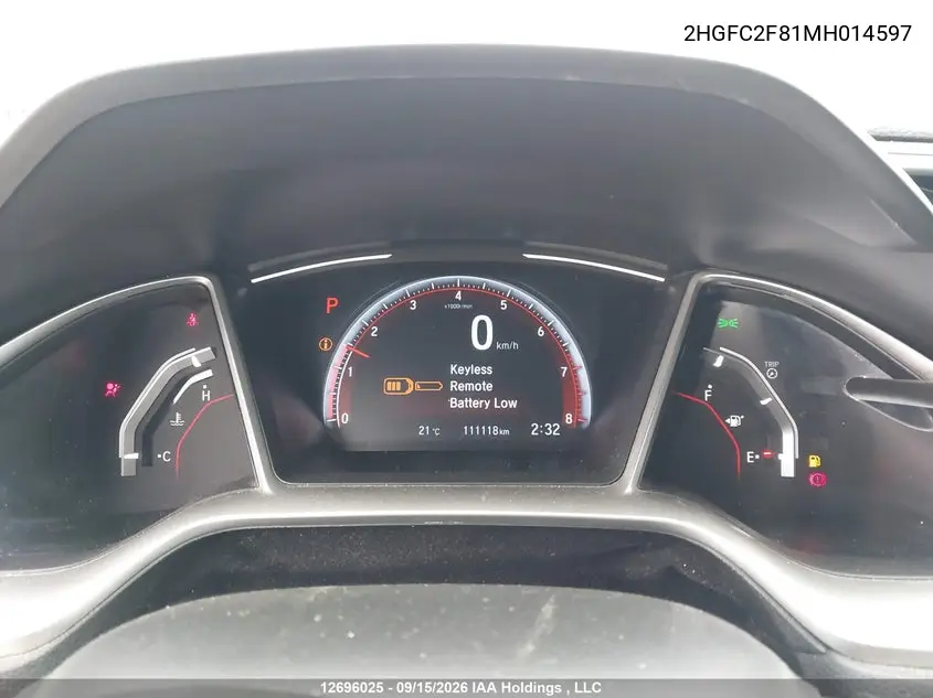 2021 HONDA CIVIC VIN 2HGFC2F81MH014597 — фото 7