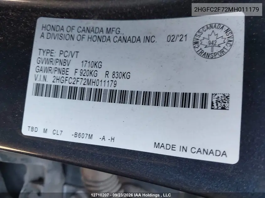 2021 HONDA CIVIC VIN 2HGFC2F72MH011179 — фото 18