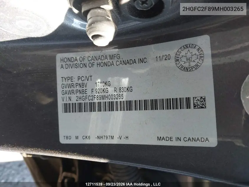 2021 HONDA CIVIC VIN 2HGFC2F89MH003265 — фото 19
