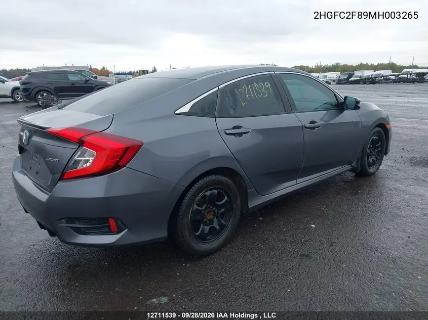 2021 HONDA CIVIC VIN 2HGFC2F89MH003265 — фото 4