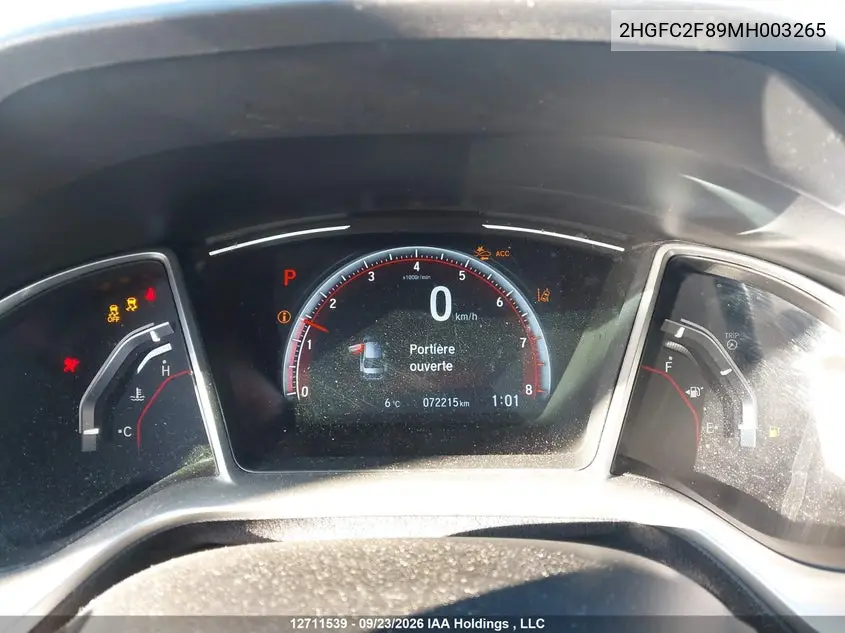 2021 HONDA CIVIC VIN 2HGFC2F89MH003265 — фото 7