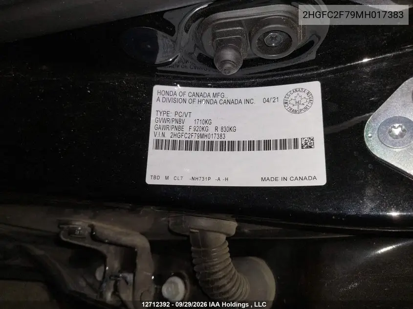 2021 HONDA CIVIC VIN 2HGFC2F79MH017383 — фото 9