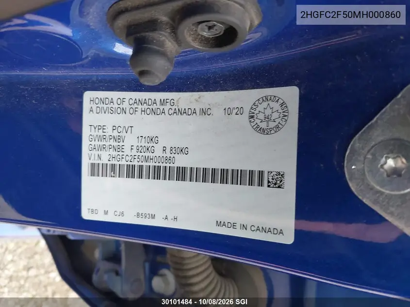 2021 HONDA CIVIC VIN 2HGFC2F50MH000860 — фото 9