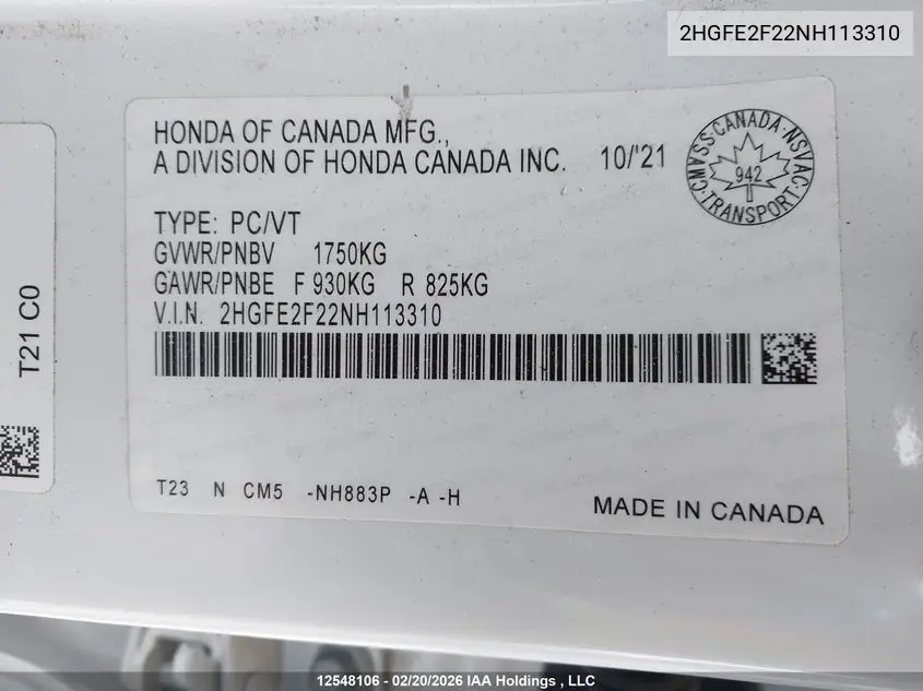 2022 HONDA CIVIC VIN 2HGFE2F22NH113310 — фото 9