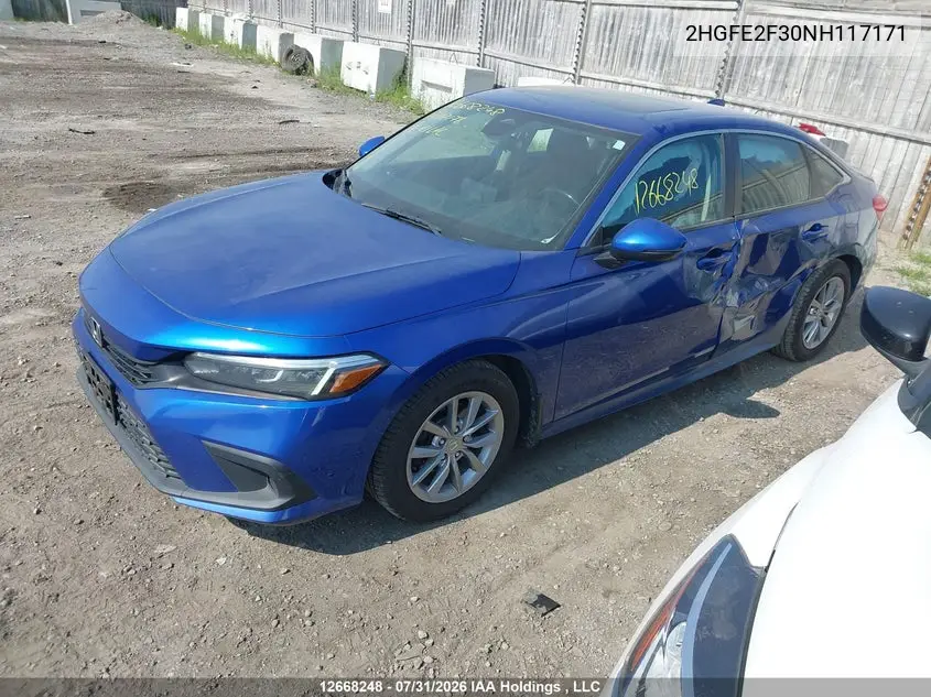 2022 HONDA CIVIC VIN 2HGFE2F30NH117171 — фото 2