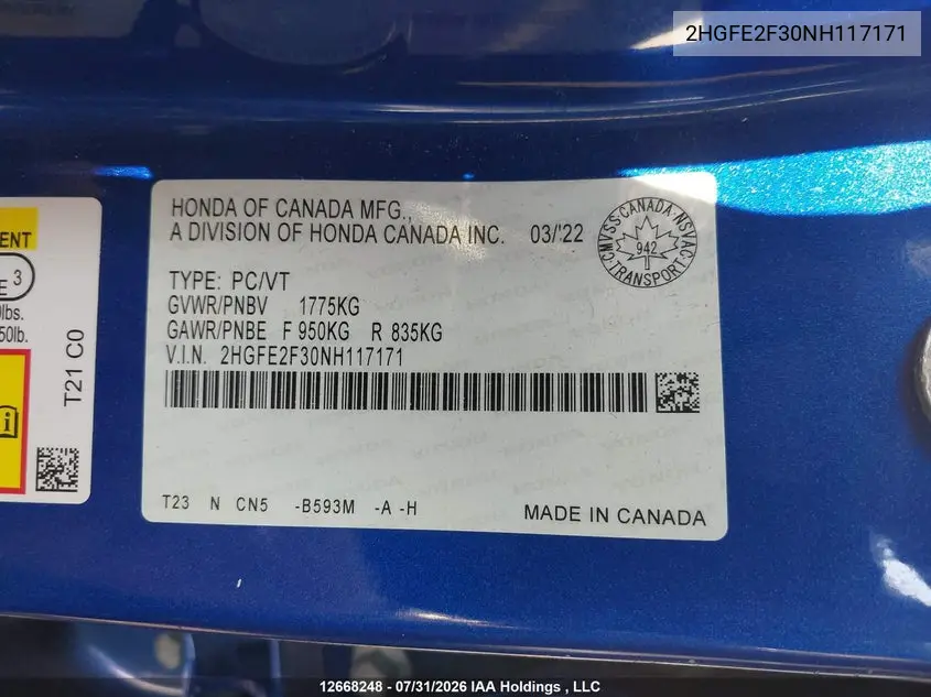 2022 HONDA CIVIC VIN 2HGFE2F30NH117171 — фото 9