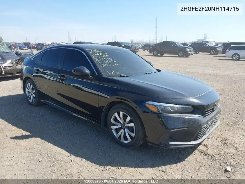HONDA CIVIC 2022, VIN 2HGFE2F20NH114715