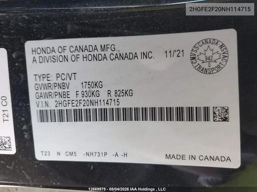 2022 HONDA CIVIC VIN 2HGFE2F20NH114715 — фото 18