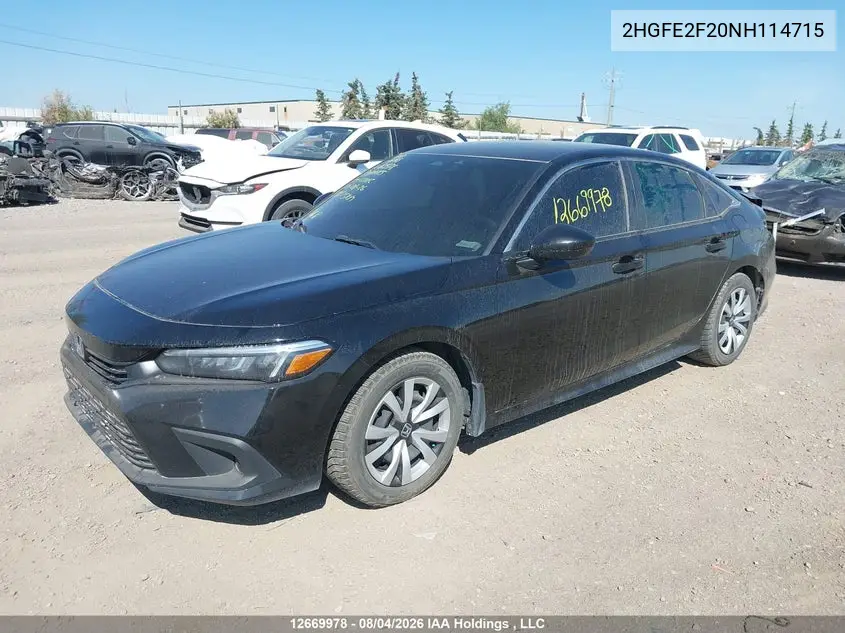 2022 HONDA CIVIC VIN 2HGFE2F20NH114715 — фото 2