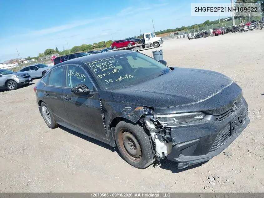 HONDA CIVIC 2022, VIN 2HGFE2F21NH109622