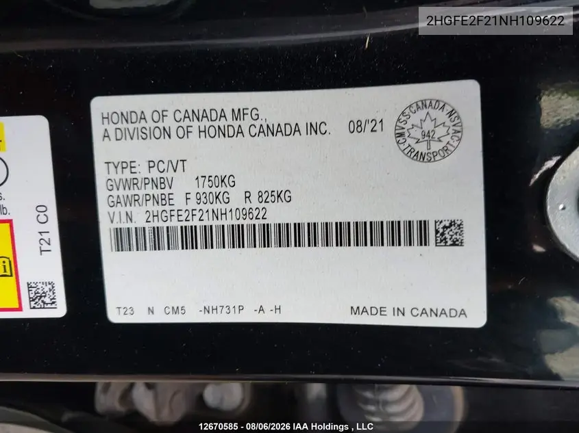 2022 HONDA CIVIC VIN 2HGFE2F21NH109622 — фото 9