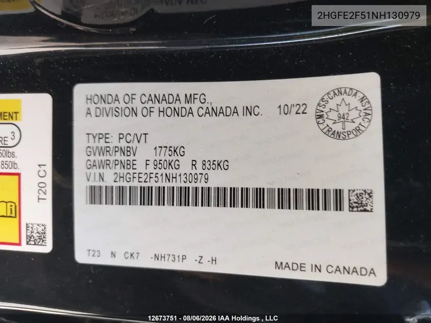 2022 HONDA CIVIC VIN 2HGFE2F51NH130979 — фото 18
