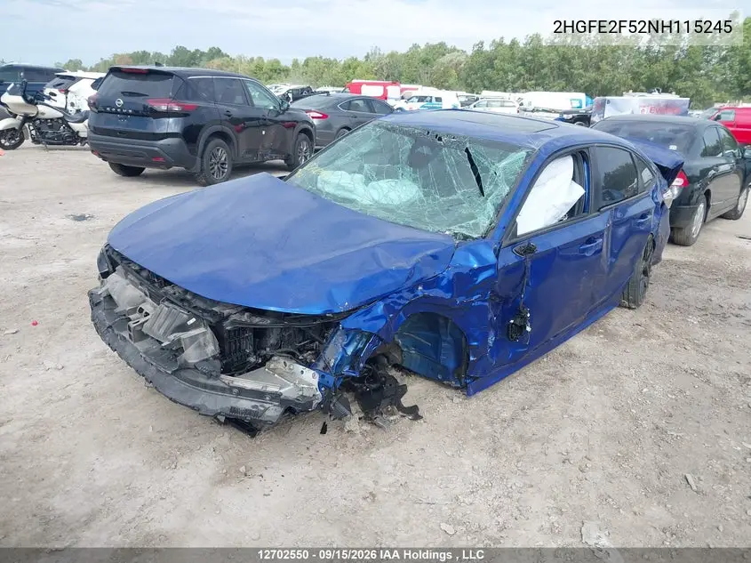 2022 HONDA CIVIC VIN 2HGFE2F52NH115245 — фото 2