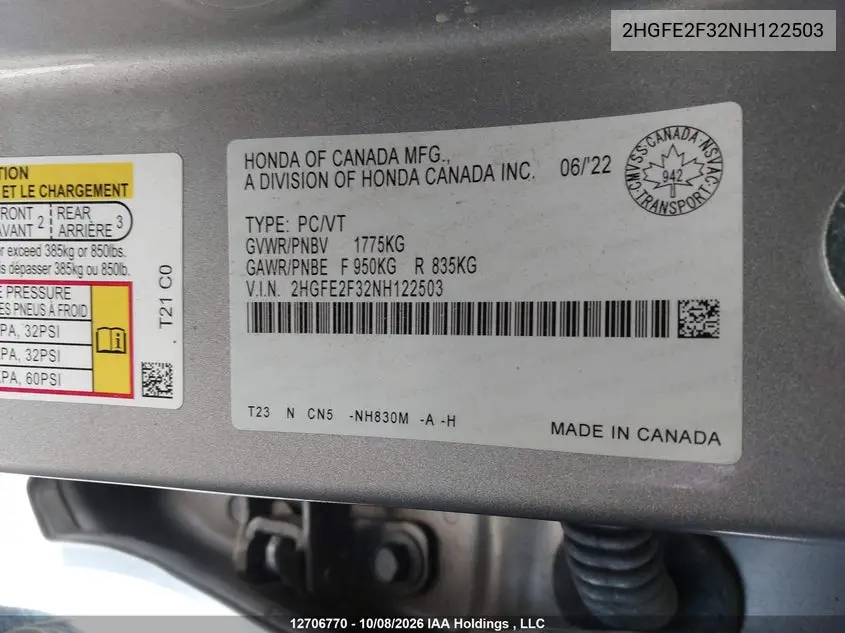 2022 HONDA CIVIC VIN 2HGFE2F32NH122503 — фото 19