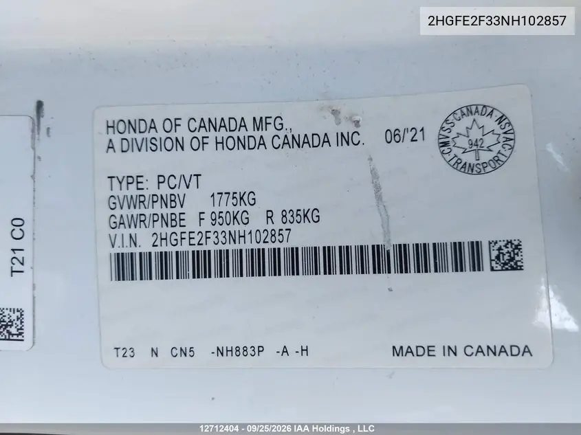 2022 HONDA CIVIC VIN 2HGFE2F33NH102857 — фото 9