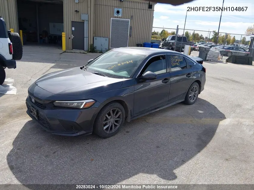 2022 HONDA CIVIC VIN 2HGFE2F35NH104867 — фото 2