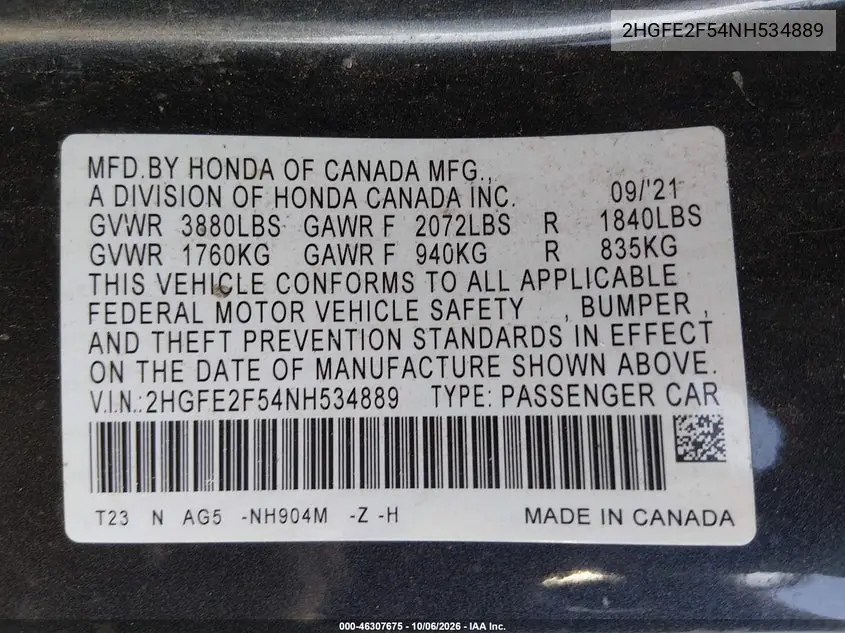 2022 HONDA CIVIC VIN 2HGFE2F54NH534889 — фото 9