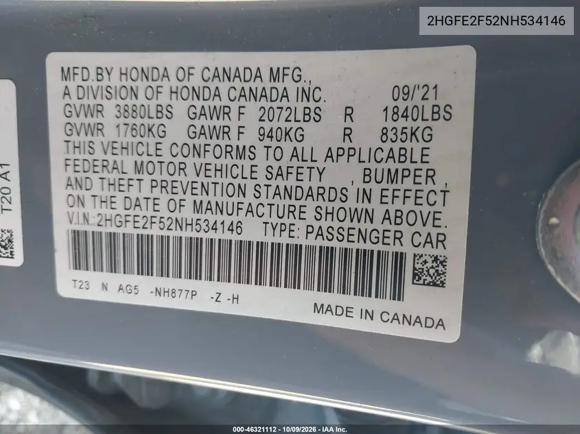 2022 HONDA CIVIC VIN 2HGFE2F52NH534146 — фото 9